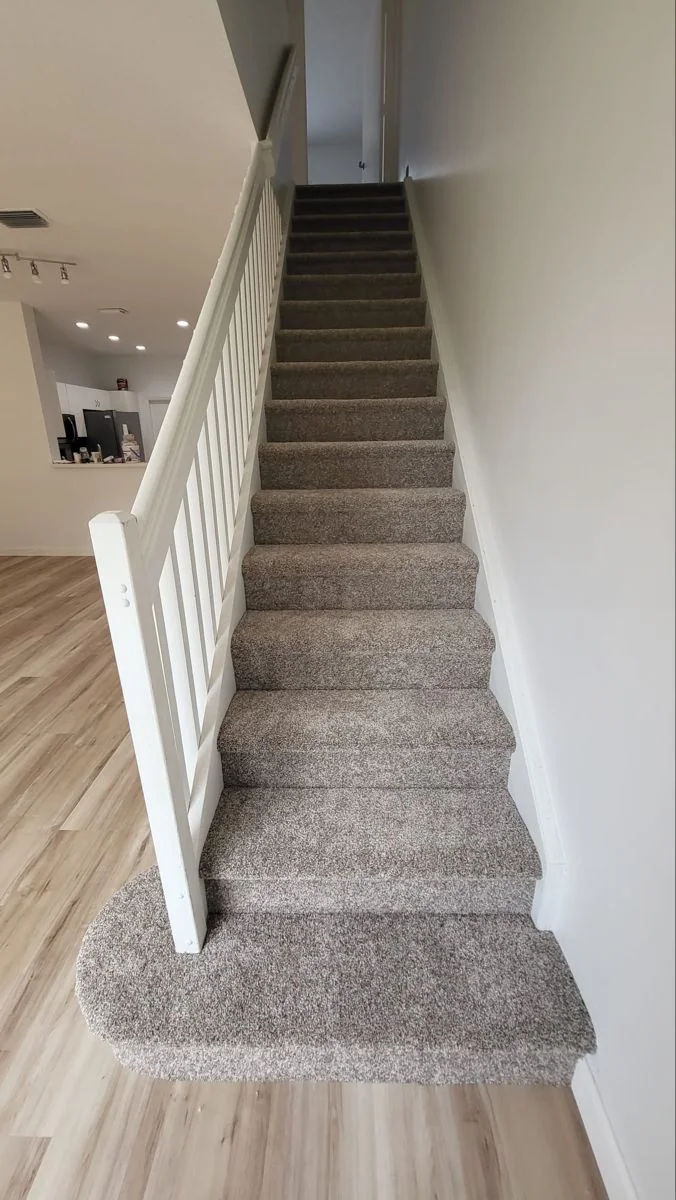 Tall carpeted staircase with many steps